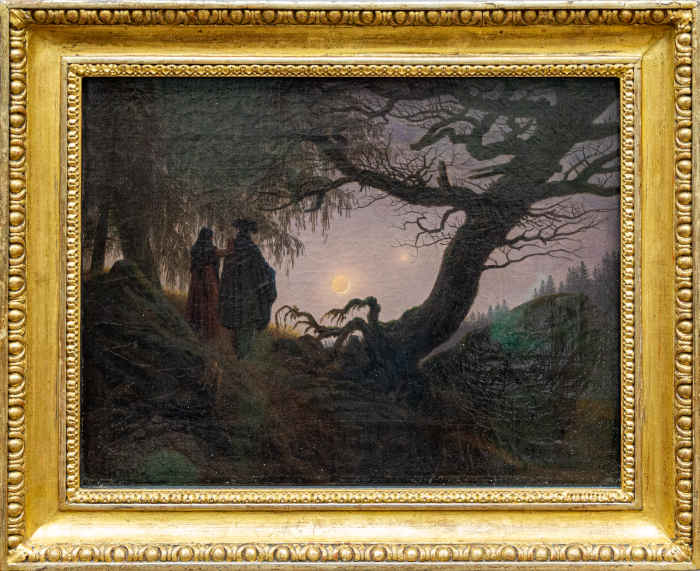 Caspar David Friedrich, Man and Woman Contemplating the Moon, around 1824: a man and a woman, their backs to the viewer, stand at dusk on a rise in the woods beside a dead, half-uprooted oak. The woman rests her arm on the man's shoulder, and both gaze toward the crescent moon.