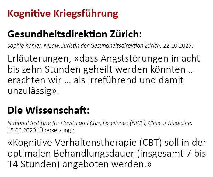 Zwei Zitate zur Behandlungsdauer. Gesundheitsdirektion Zürich, 22.10.2025: Erläuterungen, dass Angststörungen in acht bis zehn Stunden geheilt werden könnten, seien irreführend und damit unzulässig. NICE-Leitlinie, Fassung vom 15.06.2020, Empfehlung zur Panikstörung: Kognitive Verhaltenstherapie solle in der optimalen Behandlungsdauer von insgesamt 7 bis 14 Stunden angeboten werden.