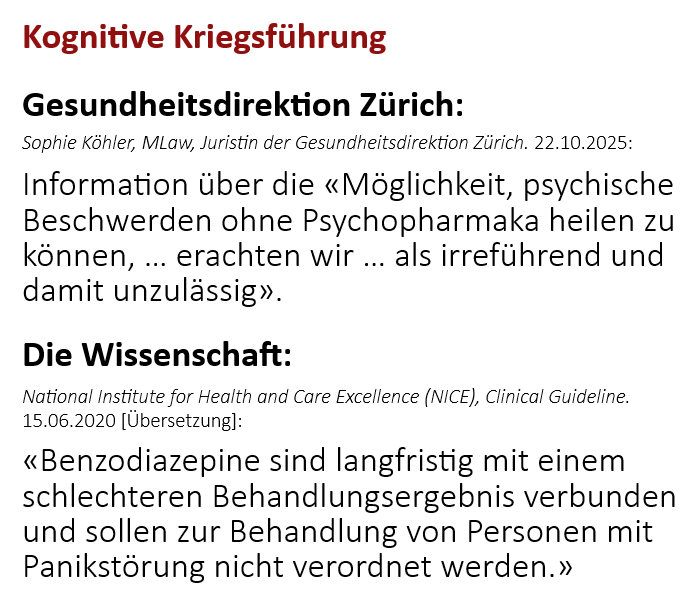 Gegenüberstellung zweier Zitate. Gesundheitsdirektion Zürich, 22.10.2025: Information über die Möglichkeit, psychische Beschwerden ohne Psychopharmaka zu heilen, sei irreführend und damit unzulässig. NICE-Leitlinie, Fassung vom 15.06.2020: Benzodiazepine seien langfristig mit einem schlechteren Behandlungsergebnis verbunden und sollten Personen mit Panikstörung nicht verordnet werden.