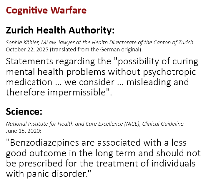 Comparison of two quotations. Health Directorate of the Canton of Zurich, October 22, 2025: information about the possibility of curing psychological complaints without psychotropic medication is misleading and therefore impermissible. NICE guideline, version of June 15, 2020: benzodiazepines are associated with poorer long-term outcomes and should not be prescribed for people with panic disorder.