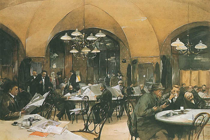 Aquarell von Reinhold Völkel aus dem Jahr 1896: Gäste im Wiener Café Griensteidl sitzen an Marmortischen, lesen Zeitungen und sprechen miteinander.